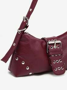 1 件女式复古 Melade 安哥拉红色做旧皮革豹纹摩托车包，带铆钉扣装饰，单肩包/腋下包/法棍包/方形包，适合工作、通勤、约会、派对 - 酒紅色 - 查看 3