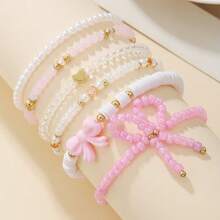 6pcs/Set Fashionable Heart & Bow Beaded Bracelet Set Women,Pearl Bow Set Women's Bracelet Sweet Bohemian Beaded Style - 粉色 - 查看 4