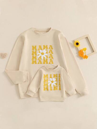 Mommy And Me Matching Outfits Mama/Mini Matching Sweatshirts Letter And Daisy Flower Print Long Sleeve Crewneck Pullover Jumper Shirt Blouse Top Mom And Daughter Matching Christmas/Halloween Party Clothes