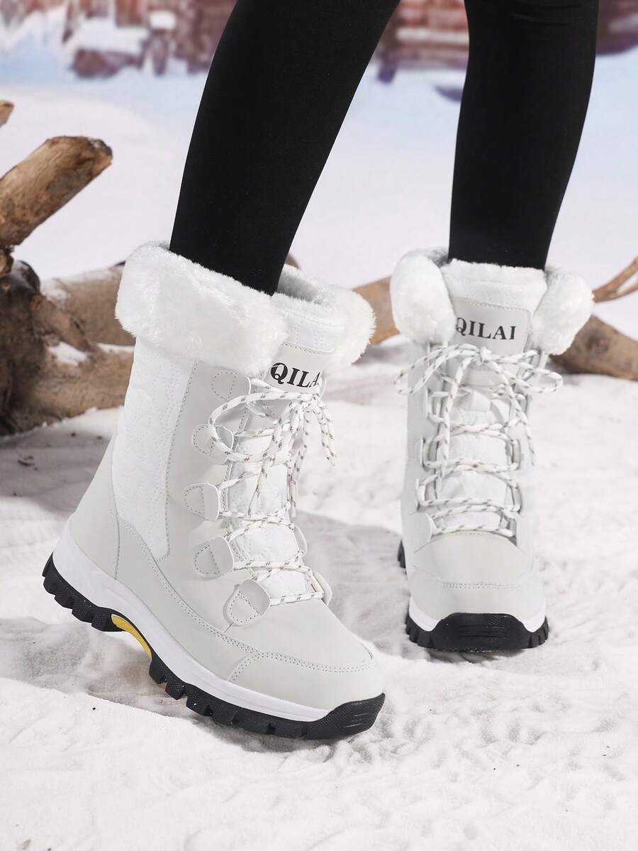 Botas de Neve para Mulheres, Botas Esportivas de Cano Alto com Cadarço, Botas Grossas e Quentes para Esqui, Botas de Moda Confortáveis com Forro Térmico para Inverno, Botas de Pele