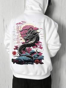 Krometka 男士秋冬黑色龙纹樱花印花连帽衫，独特日式风格 - 白色 - 查看 4