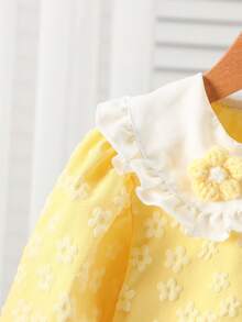 2pcs Girls Spring/Autumn Outfit, Embossed Soft Sakura Fabric Collared Long Sleeve Shirt Top And Flared Leg Jeans With 3D Flower Decor, Cute Girls Clothing Set - Multicolor - View 4