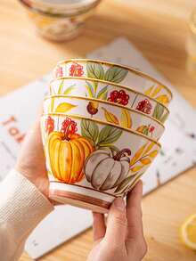 2/4 件陶瓷碗勺套装，南瓜图案餐具，400 毫升/13.5 盎司乡村风格早餐燕麦碗、酸奶碗、沙拉碗、甜点碗，适用于洗碗机、烤箱、微波炉，适用于家庭、厨房、餐厅、派对、宴会、万圣节礼物 - 彩色 - 查看 8