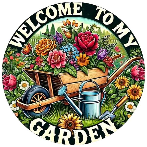 1pc Vintage Iron Garden Welcome Sign - Country Round Hanging Decor With Floral And Tool Design, Suitable For Outdoor Spring/Summer Space, Garden Decoration, 2D Flat