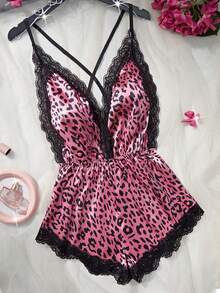 New Arrival Women's Sexy Lingerie Adjustable Cross-Back Straps With Deep V-Neck Backless Sexy Teddy Lace-Embellished Satin Comfortable Homewear Bodysuit Pajamas - Deep Pink - View 9