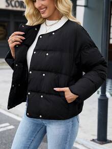 Women's Winter Solid Color Double-Breasted Jacket, Fashionable Short Quilted Coat, Winter Casual Round Neck Overcoat, With Pockets, Winter Clothing