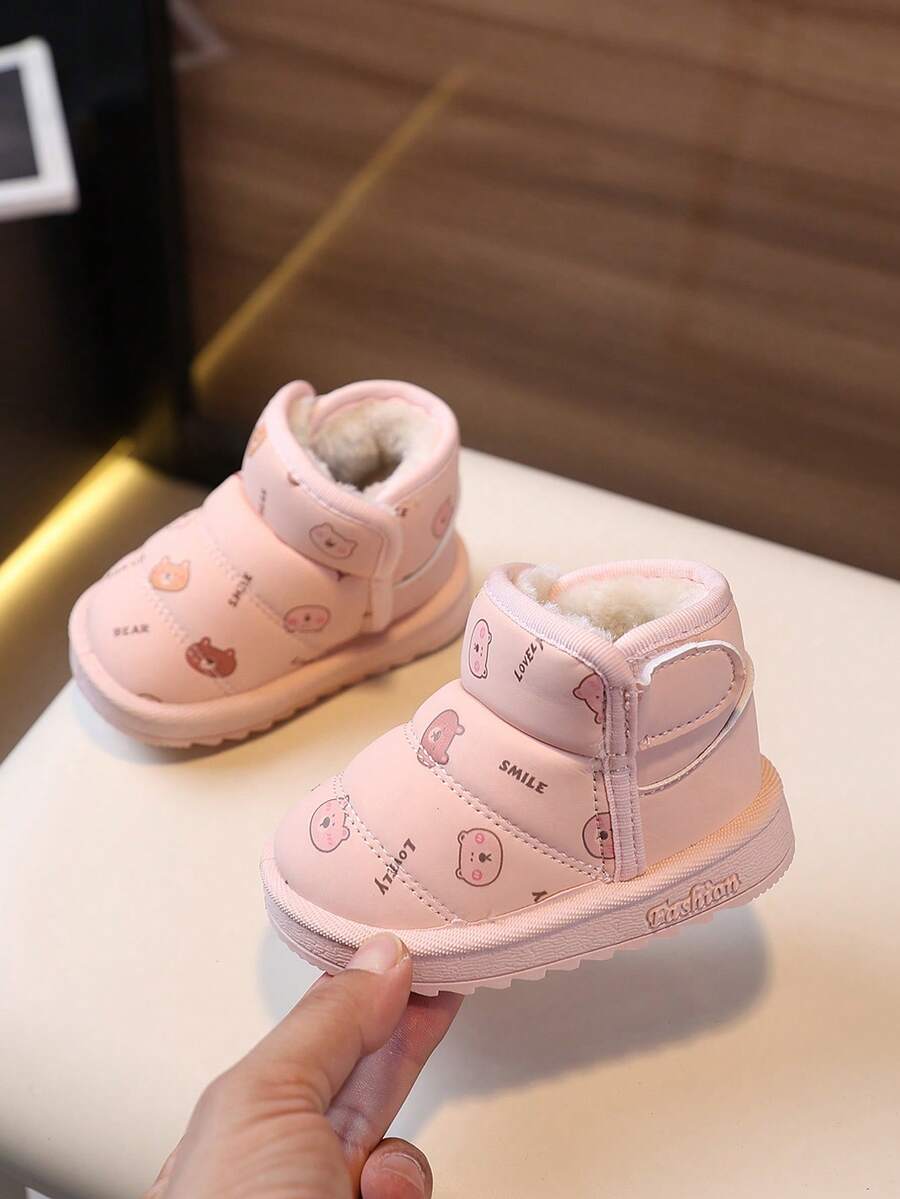 1 Pair Kids Cartoon Pattern Synthetic Leather Warm Hook And Loop Low-Top Flat Cute Children Winter Shoes, Suitable For Autumn/Winter Daily Wear, Playing And Outings