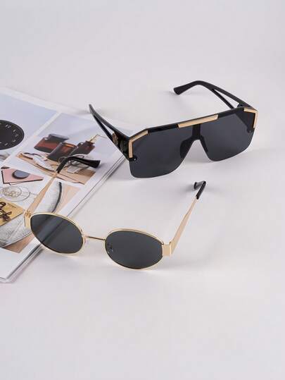 2 pièces Ensemble de lunettes spécialisées pour femmes - Styles avant-gardistes à demi-monture carrée et ovale, lunettes de mode, séance photo personnalisée, tenue preppy pour la rentrée scolaire, noir