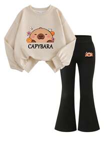 Girly Animal Print Apricot Sweatshirt And Black Flared Trousers Set, A Cute And Fashionable Set Suitable For Casual Travel, Travel, Campus, And Parties - Multicolor - View 1