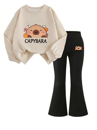 Girly Animal Print Apricot Sweatshirt And Black Flared Trousers Set, A Cute And Fashionable Set Suitable For Casual Travel, Travel, Campus, And Parties