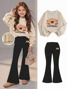 Girly Animal Print Apricot Sweatshirt And Black Flared Trousers Set, A Cute And Fashionable Set Suitable For Casual Travel, Travel, Campus, And Parties - Multicolor - View 9