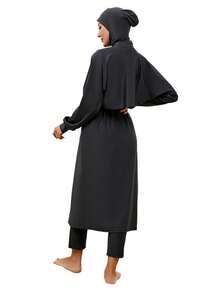 Women's Modest Swimwear Black Round Neck Long Sleeve Burkinis With High Waist Bottom And High Stretch Fabric - Black - View 9