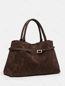 1pc BUTFLY Vintage Style Large Capacity Suede Handbag, Solid Color, Fixed Shoulder Straps, Buckle Closure, Polyester Lined, Fabric Tote For Daily Commute, Date, And Travel