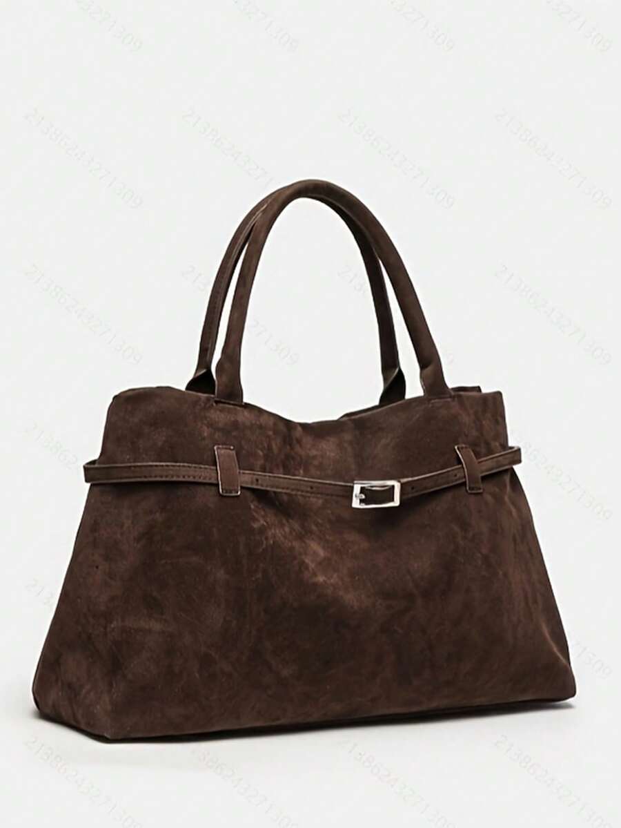 1pc BUTFLY Vintage Style Large Capacity Suede Handbag, Solid Color, Fixed Shoulder Straps, Buckle Closure, Polyester Lined, Fabric Tote For Daily Commute, Date, And Travel