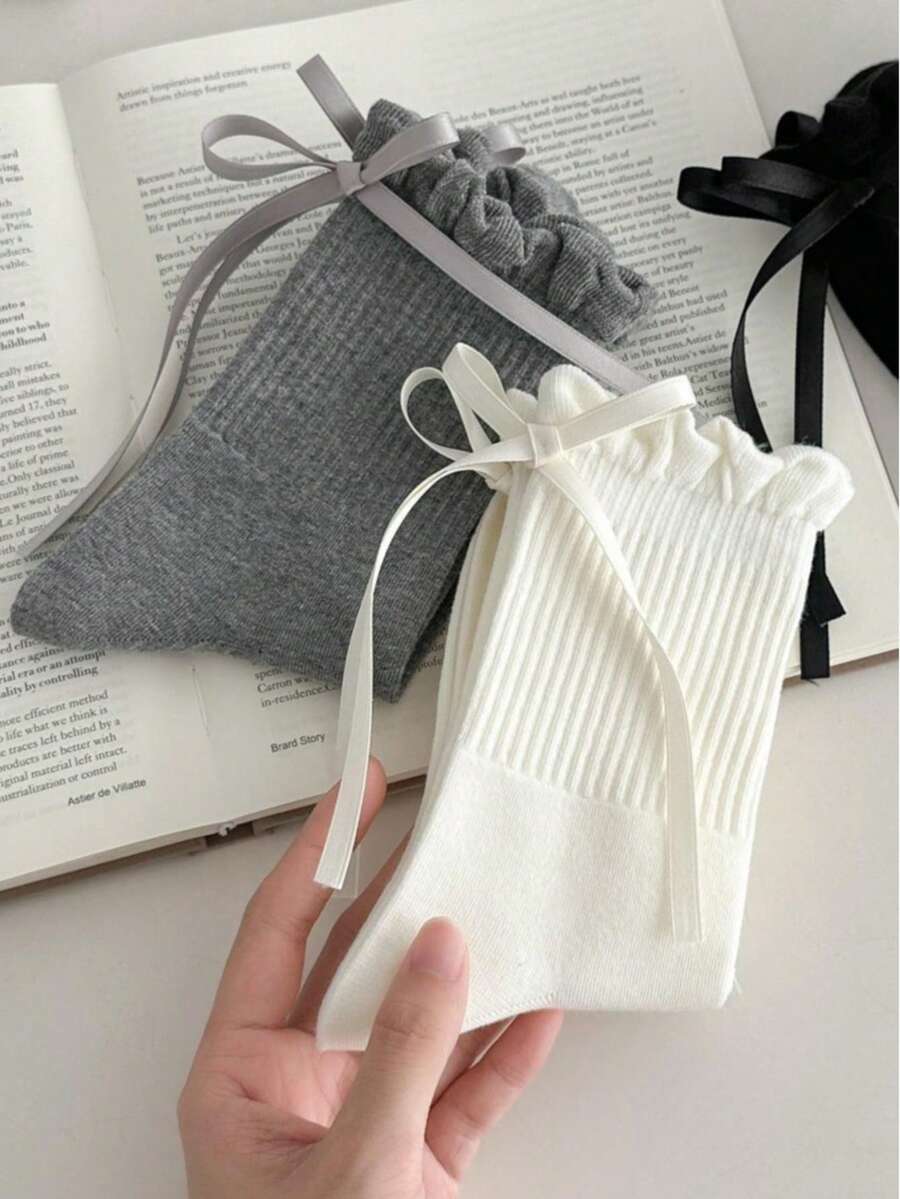 1 双女士秋冬新款蝴蝶结芭蕾袜，纯色蕾丝边甜美中筒袜，百搭日常穿着 - 彩色 - 查看 1