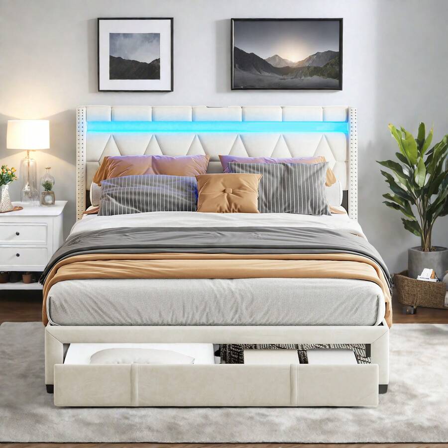 Stauraumbett 160 x 200 cm, Polsterbett mit LED-Kopfteil und USB-Ladefunktion, Doppelbett mit 4 Eisenschubladen Funktionsbett Jugendbett 160x200 mit Lattenrost, Rückenlehne Bettgestell, Ohne Matratze