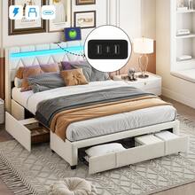 Stauraumbett 160 x 200 cm, Polsterbett mit LED-Kopfteil und USB-Ladefunktion, Doppelbett mit 4 Eisenschubladen Funktionsbett Jugendbett 160x200 mit Lattenrost, Rückenlehne Bettgestell, Ohne Matratze