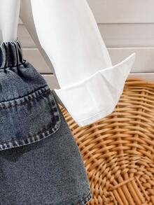 مجموعة فستان قميص أكمام طويلة وتنورة ميني جينز للبنات الرضع، طراز راقي وأنيق