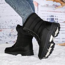 Botas de nieve hasta la pantorrilla para mujer, con forro térmico grueso, antideslizantes, de cordones y puntera redonda, negras, versátiles para el invierno