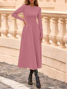 Cocktail Dresses For Women  Elegant Classy Fall Long Sleeve Midi Swing A Line Flowy Modest Party Dress - Pink - View 4