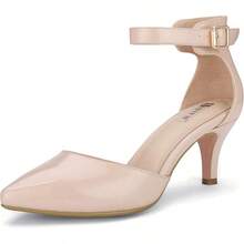 Women's IN3 D'Orsay Pumps Low Kitten Heels For Women Dress Shoes Pointed Closed Toe Wedding Bride Ankle Strap Dressy Silver Black Nude White Gold Heels For Women-2025 - 裸體專利 - 查看 1