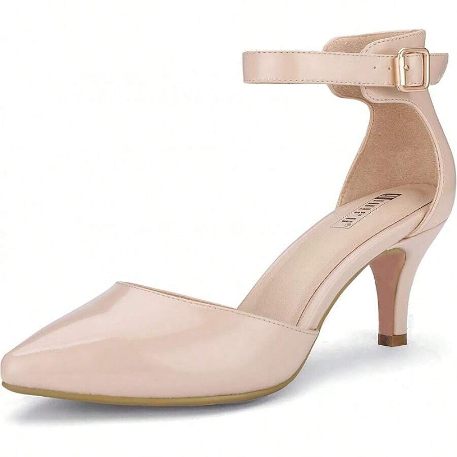 Women's IN3 D'Orsay Pumps Low Kitten Heels For Women Dress Shoes Pointed Closed Toe Wedding Bride Ankle Strap Dressy Silver Black Nude White Gold Heels For Women-2025 - 裸體專利 - 查看 1