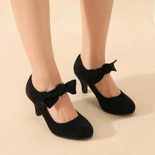 Women's Cute Bow Heels Mary Jane Kitten Heel Pumps Closed Round Toe Low Heels Ankle Strap Wedding Evening Party Dress Office Work Church Shoes-20256688 - 黑色絨面革 - 查看 9