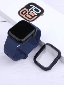 適用於 錶帶與錶殼 40mm 41mm 42mm 44mm 45mm 46mm 49mm，運動休閒款，柔軟舒適矽膠錶帶，防摔防刮 PC 與強化玻璃 2 合 1 錶殼，相容 Series Ultra/11/10/9/8/7/6/5/4/SE，男女適用，日常休閒運動智慧手錶錶帶與錶殼 - 午夜藍 - 查看 2