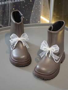 2025 Autumn New Teen Teen's Fashion Mid-Calf Leather Boots, Korean Style Bow Princess Short Boots, Teen Shoes
