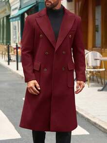 Men's Wool Blend Casual Trench Coat Notched Collar Double-Breasted Long Jacket Classic Winter Overcoat For Everyday Wear - Màu Đỏ Sâu - Xem 1