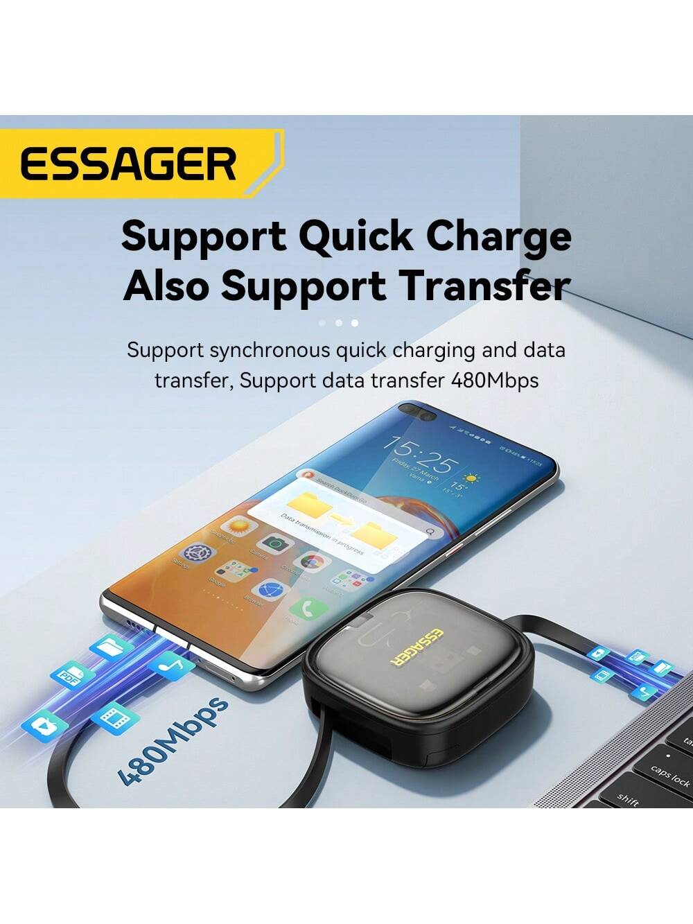 ESSAGER كبل شحن وبيانات نوع C إلى نوع C 60 واط مع...