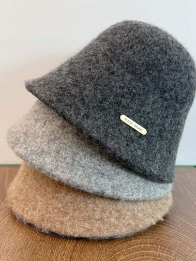 1pc Wool Blend Felt Bucket Hat For Women, Solid Color, Stylish & Warm Knitted Cap Suitable For Winter Casual Wear
