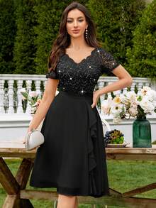 MIUSOL Elegant Women's V-Neck Contrast Lace Sequin Black Flowy Chiffon Swing Dress, Ruffle Trim Ruched Hem, For Wedding Guest, Prom, Homecoming, Birthday Party - màu đen - Xem 4