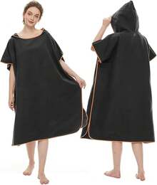 Poncho de Surf, Albornoz de Playa, Poncho Toalla,Bata de Baño de Microfibra con Capucha,Adecuado para el Surf, la natación, el baño y Las Playas, Absorbente y de Secado rápido. (Negro) - Negro - Ver 13