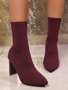 女士针织袜靴，尖头粗跟踝靴，性感风格，时尚设计，套穿弹力踝靴 - 酒紅色 - 查看 5