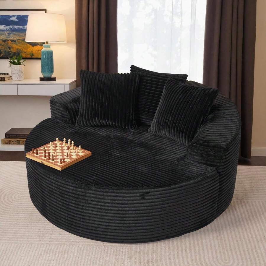 Ovios 55" Oversized Round Chair Lounge Chaise Indoor, No Assembly Required, Cloud Large Circle Chair With Plush Fuax Fur, Fluffy Modern Sleeper Sofa Bed For Reading Yoga, Black (Plush Corduroy Fabric) - 黑色(毛絨燈芯絨布料) - 查看 1