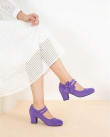 Enelauge Women's Mary Jane Heels With Bow Retro Closed Round Toe Pumps Sweet Ankle Strap Low Block Heels Chic Bowtie Vintage Dress Wedding Party Office Daily ShoesChristmas - 紫色絨面革 - 查看 3