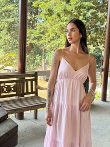 Long Summer Dress, Long Strap Dress, Long Dress, Long Layered Dress, Long Eurosummer Dress, Summer Colors - 淺粉色 - 查看 3