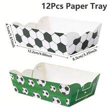 12pcs Football Party Food Tray -White&Green Football Pattern, Foldable Paper Tray, Suitable For Birthday Parties, Theme Parties, French Fries, Popcorn Boxes, Party Decorations, Etc