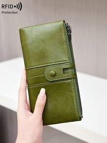 MIYIN RFID Blocking Large Capacity Bifold Women's Wallet, Vintage Zipper Soft Leather Material, Multiple Card Slots & Clear ID Window, Can Hold Credit Cards/ID/Cash/Phone, Quilted Detail Design, Can Be Used As Card Case/Clutch, Suitable For Women's Business & Casual Occasions, Also Suitable For Men, Long Wallet - Green - View 5