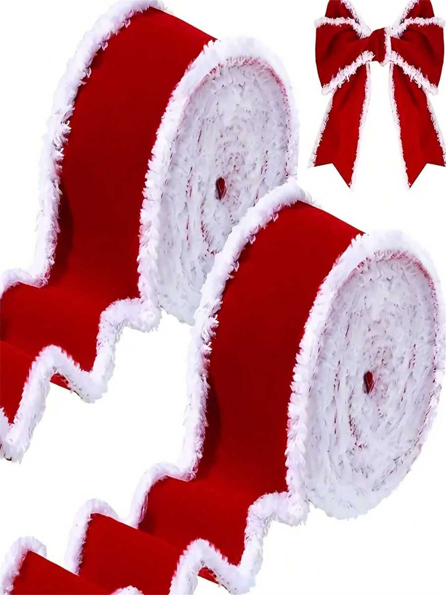 1pc,Christmas Ribbon With White Tassel Edge, DIY Bowknot , New Year Winter Valentine'S Day Gift Wrapping, Wreath For Christmas Halloween Thanksgiving New Year Universal, Can Be Used Daily