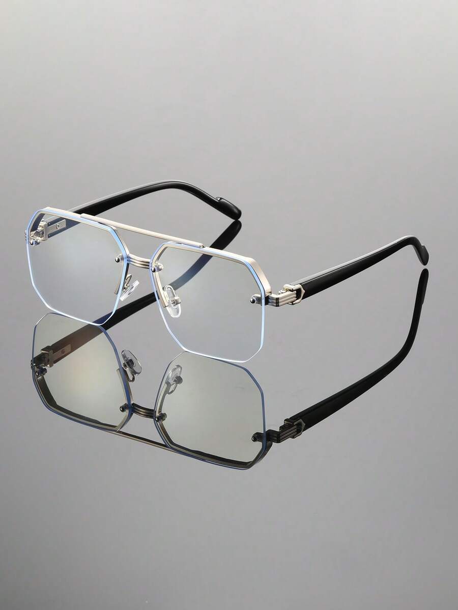 1 Pair Unisex Silver Geometric Half-Frame Metal Glasses, Suitable For Reading, Gaming, Computer, Phone Use, Anti-Fatigue Clear Lens Accessory - Yinping - View 1