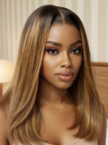 UNice Hair Bye Bye Knots 7x5 Lace Brown With Blonde Piano Highlights Straight Bob Wig With Dark Roots Glueless Bob Wigs 100% Human Hair Ready To Wear Pre Cut Pre Bleached Pre-Pluck Transparent Lace With Drawstring Unice Wigs For Women