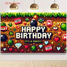 Fondo de fotografía de poliéster con tema de juego de píxeles 2D plano, adecuado para fiesta de cumpleaños de videojuegos, batalla y decoración de mesa de pastel