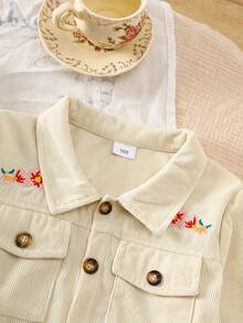 2pcs Girls Autumn/Winter Corduroy Fabric Fashion Embroidered Long Sleeve Collar Jacket Top + Flared Pants Casual Outdoor Suit