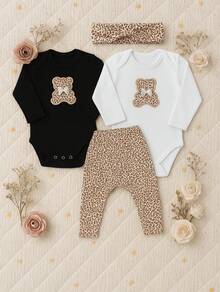 Sempre Bebê Baby Girl Clothes Set Kit, Female Long Sleeve Bodysuit, Blogger Pants, Outfit, Bear, Leopard Bow Set - 米色 - 查看 1