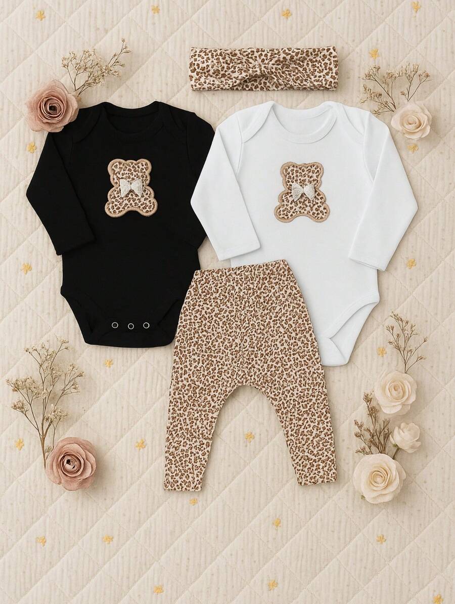 Sempre Bebê Baby Girl Clothes Set Kit, Female Long Sleeve Bodysuit, Blogger Pants, Outfit, Bear, Leopard Bow Set - 米色 - 查看 1