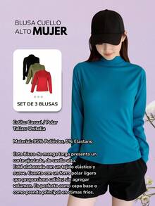 Set de 3 camisetas afelpadas para mujer, multicolor, clásicas y elegantes, colores lisos, sin estampados, tela de poliéster, con interior afelpado ligero, suave y cálido, ideales para temperadas de otoño, invierno e inicios de primavera, cuello redondo, con manga larga. Silueta ajustada para resaltar mejor tu figura. Te llagarán 3 camisetas afelpadas; 1 en color negro y 2 en color al azar. - Multicolor - Ver 5