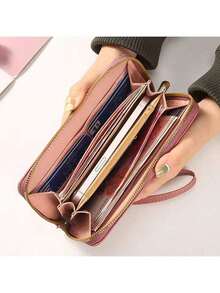 女士长款拉链钱包大容量手拿包菱形图案字母多功能钱包女款钱夹钱包秋季长款钱包腕带钱包 - 黑色 - 查看 2