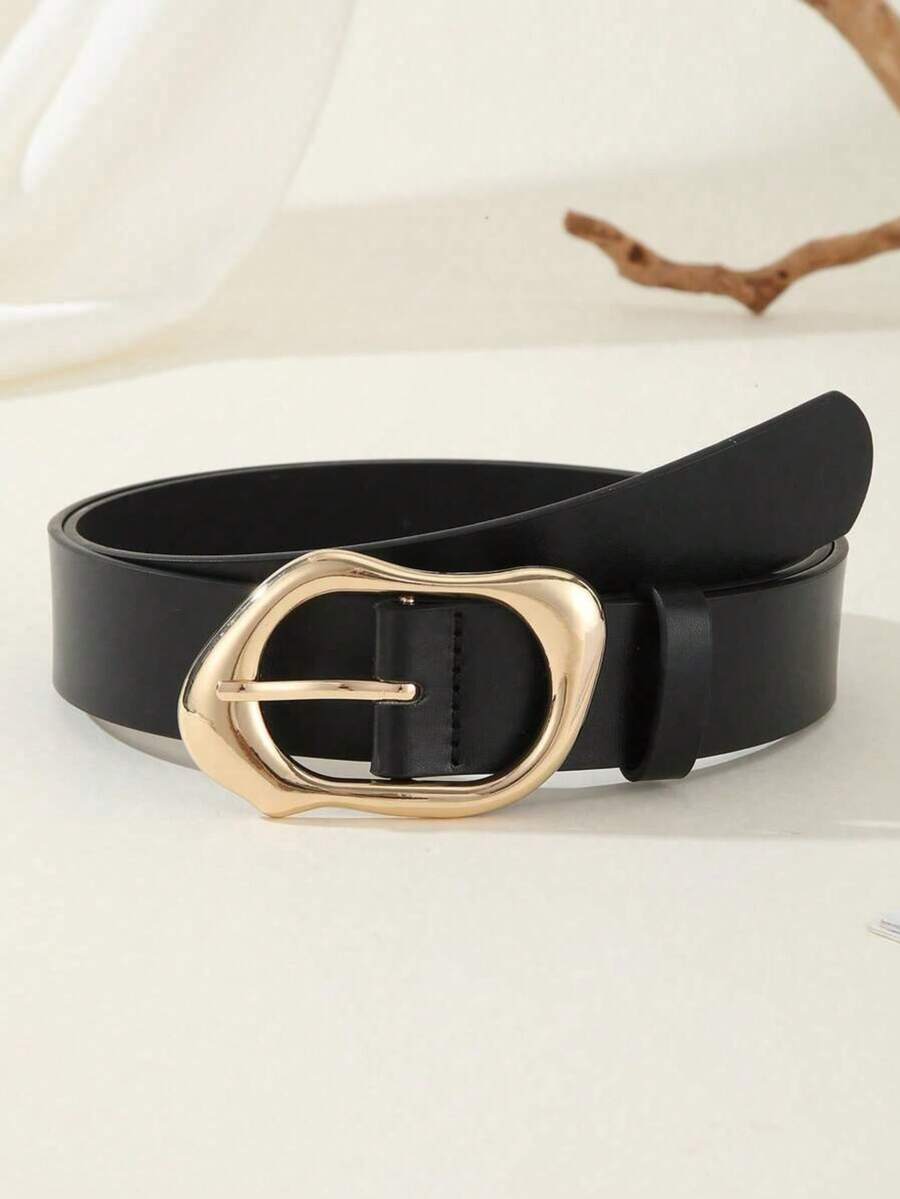 1pc Minimalist Fashion Asymmetric Gold Buckle Women's Belt, Versatile For Jeans, Casual Pants, Dresses - Black - View 1
